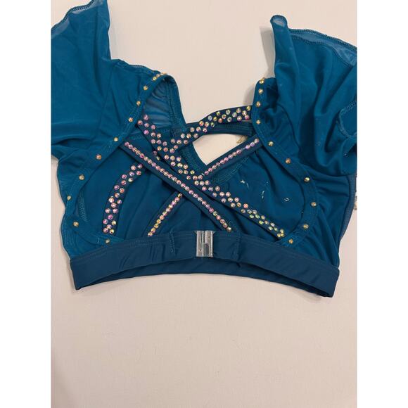 Design Worx Semi-Custom Girls Lyrical 2 Pc Costume Blue Gold Stones Added YL - Picture 10 of 11